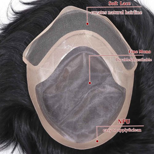 Toupee for Men Human Hair Mens Toupee Mono Base with Lace Front Hair Units Curly Wave Mens Wigs Toupee Hair Real Human Replacement System for Man Freestyle Natural Wig #1B Off Black (6x8")