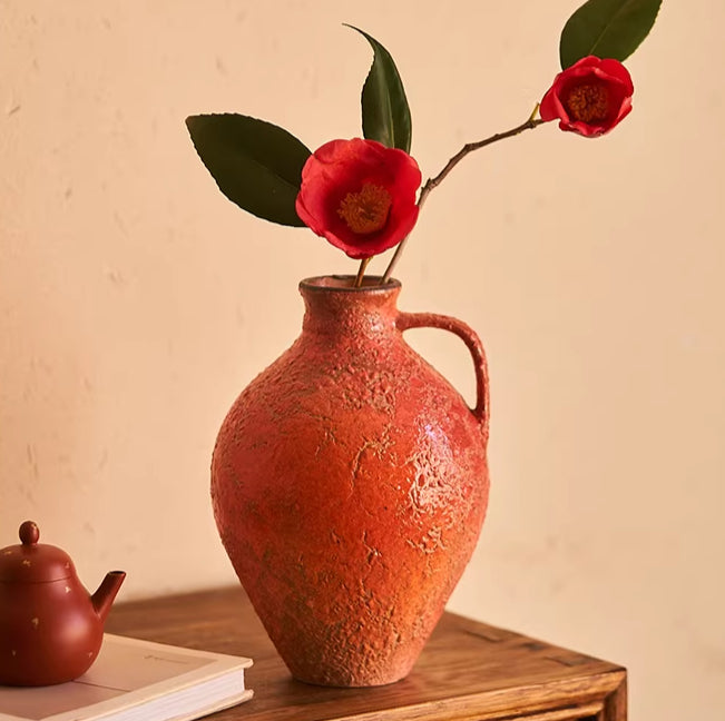 Chinese Style Handmade Ceramic Vase with Glazed Finish - Pomegranate Red