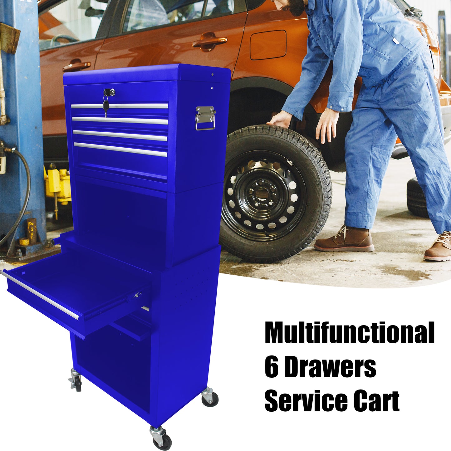 High Capacity Rolling Metal Tool Storage Cabinet with 6 Drawers - Blue