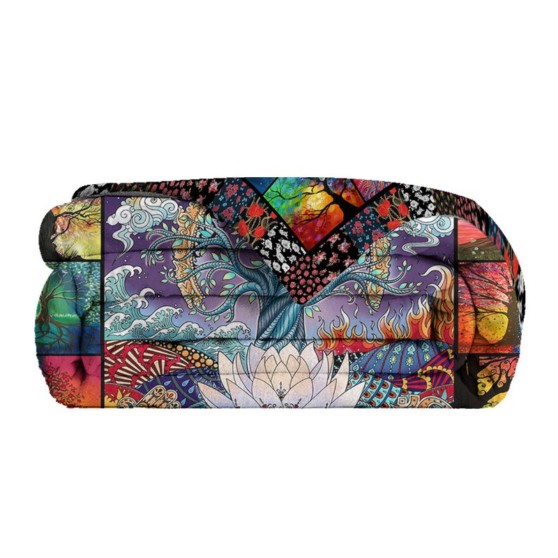 Multicolor Flannel Blanket with Lotus Tree Pattern - Soft, Warm, Multifunctional Outdoor & Home Use