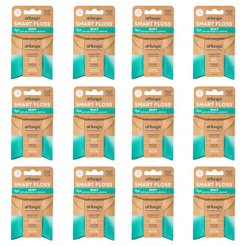 drTung's Smart Floss Mint for Teeth - Natural Expanding Dental Floss, Gentle on Tooth & Gums, Expands & Glides, PTFE & PFAS Free, Certified Organic Mint Essential Oils - Pack of 12