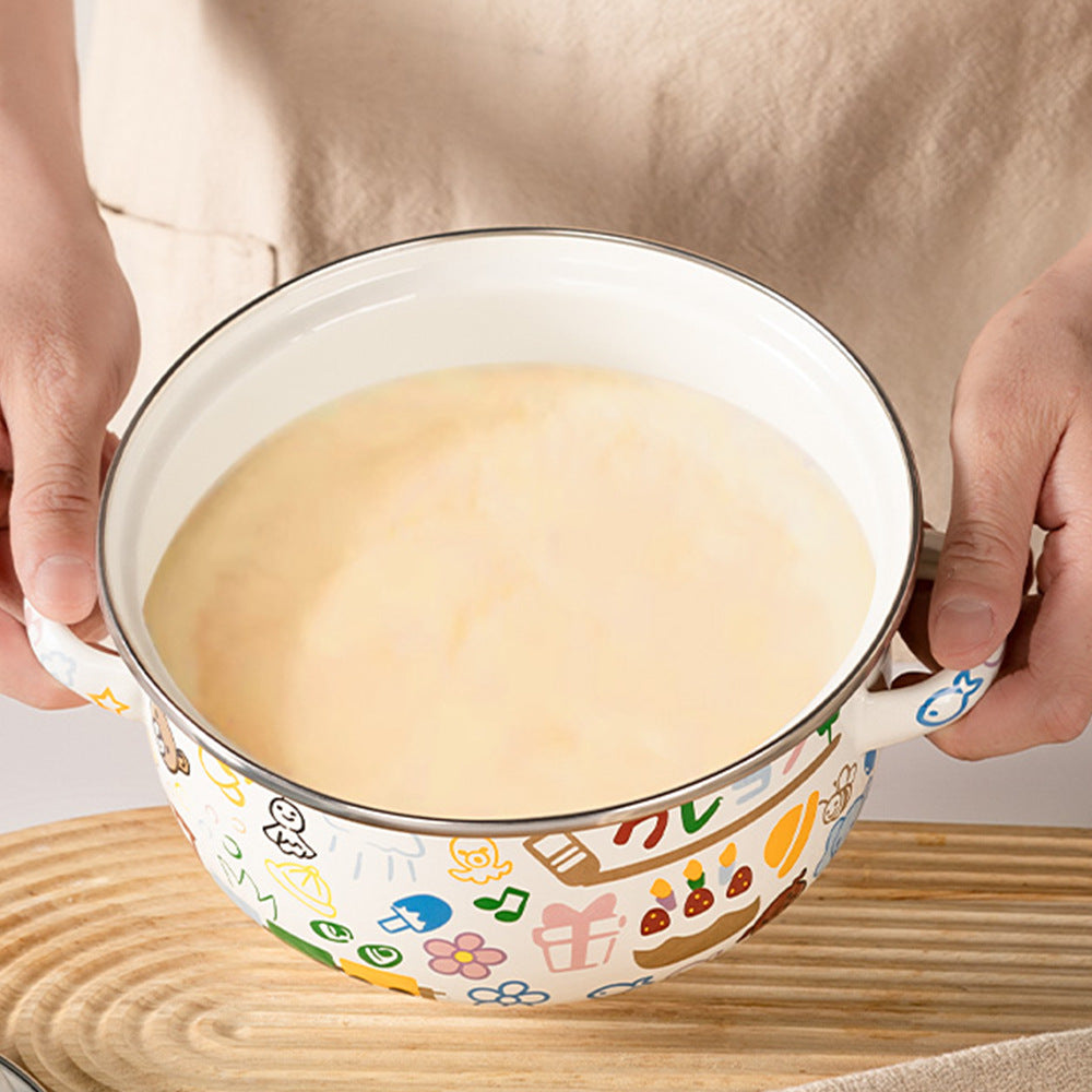 Double-Handled Enameled Noodle Bowl with Lid & Heat-Resistant Oil Can - Multi-Color Set