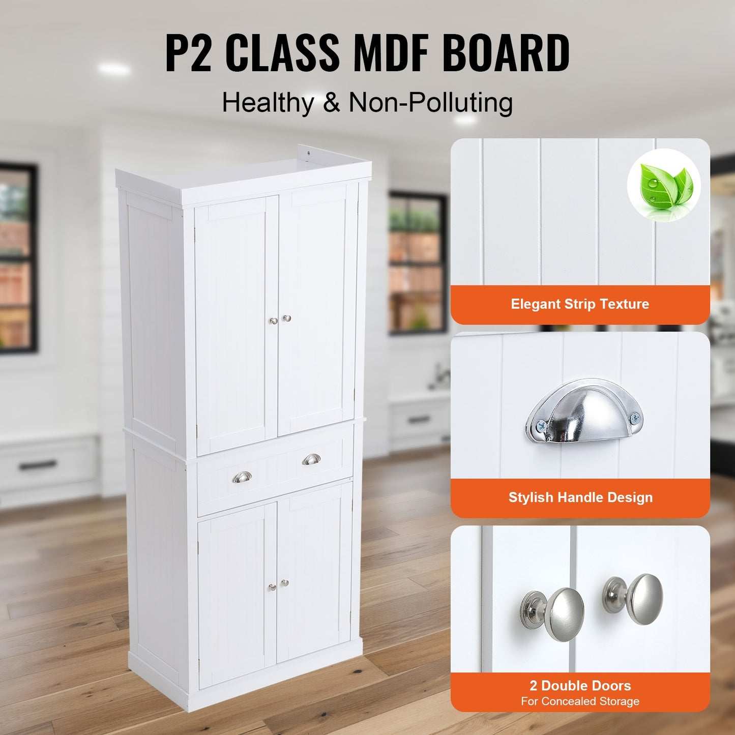 Freestanding Kitchen Pantry Storage Cabinet with Adjustable Shelves - White