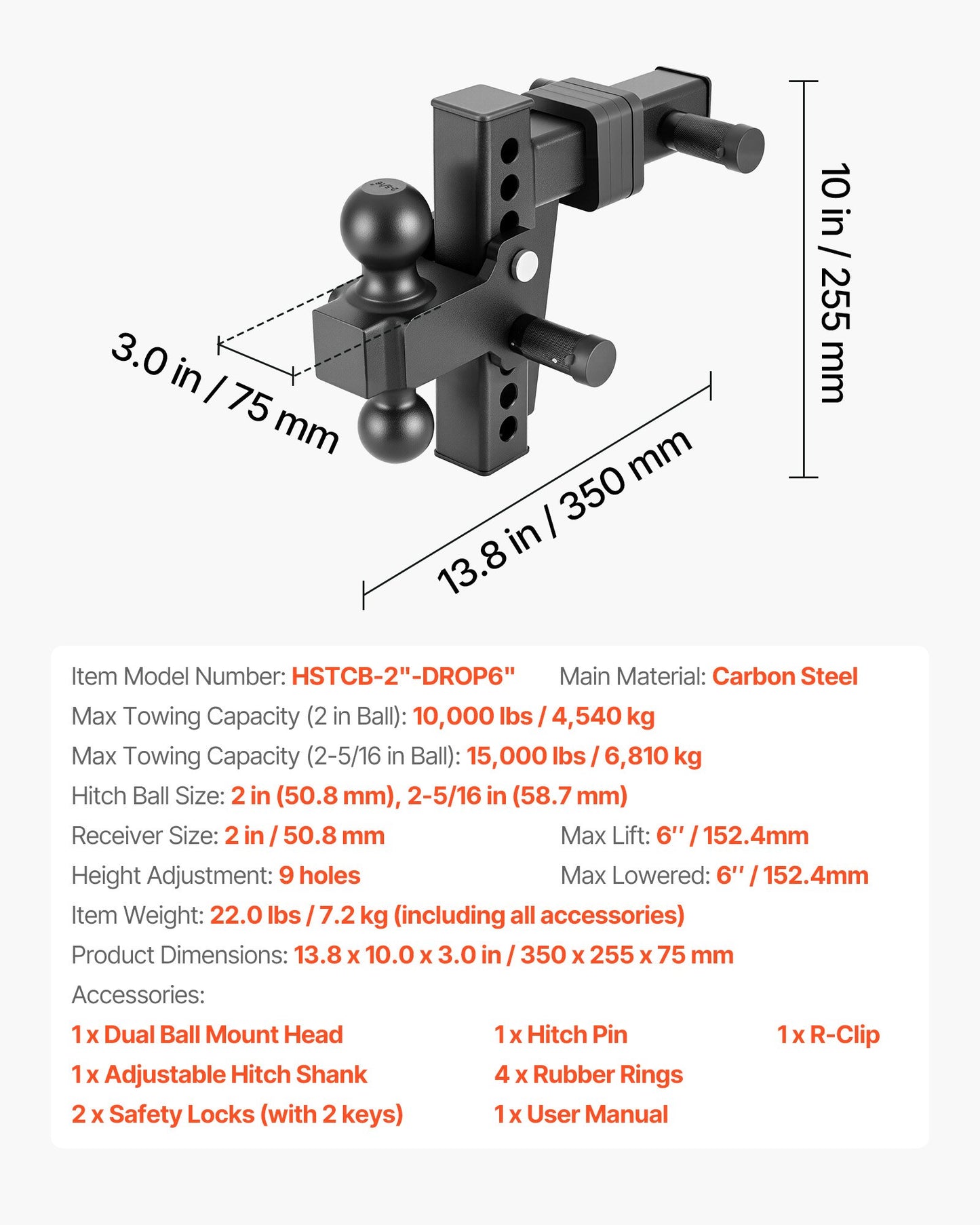 Adjustable Trailer Hitch Ball Mount for 2-Inch Receiver 15000 lbs Capacity - Black