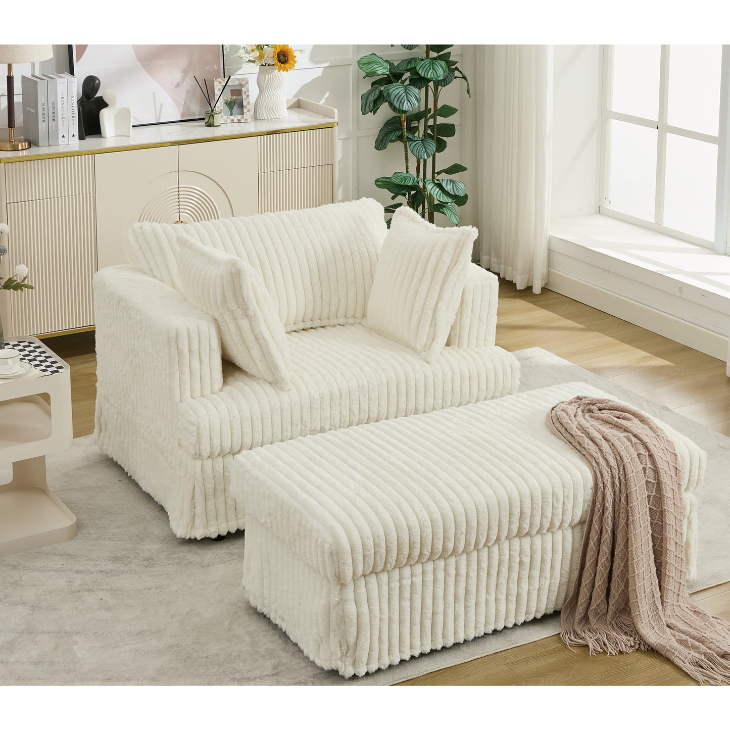 Oversized Corduroy Chaise Longue with Ottoman - Beige