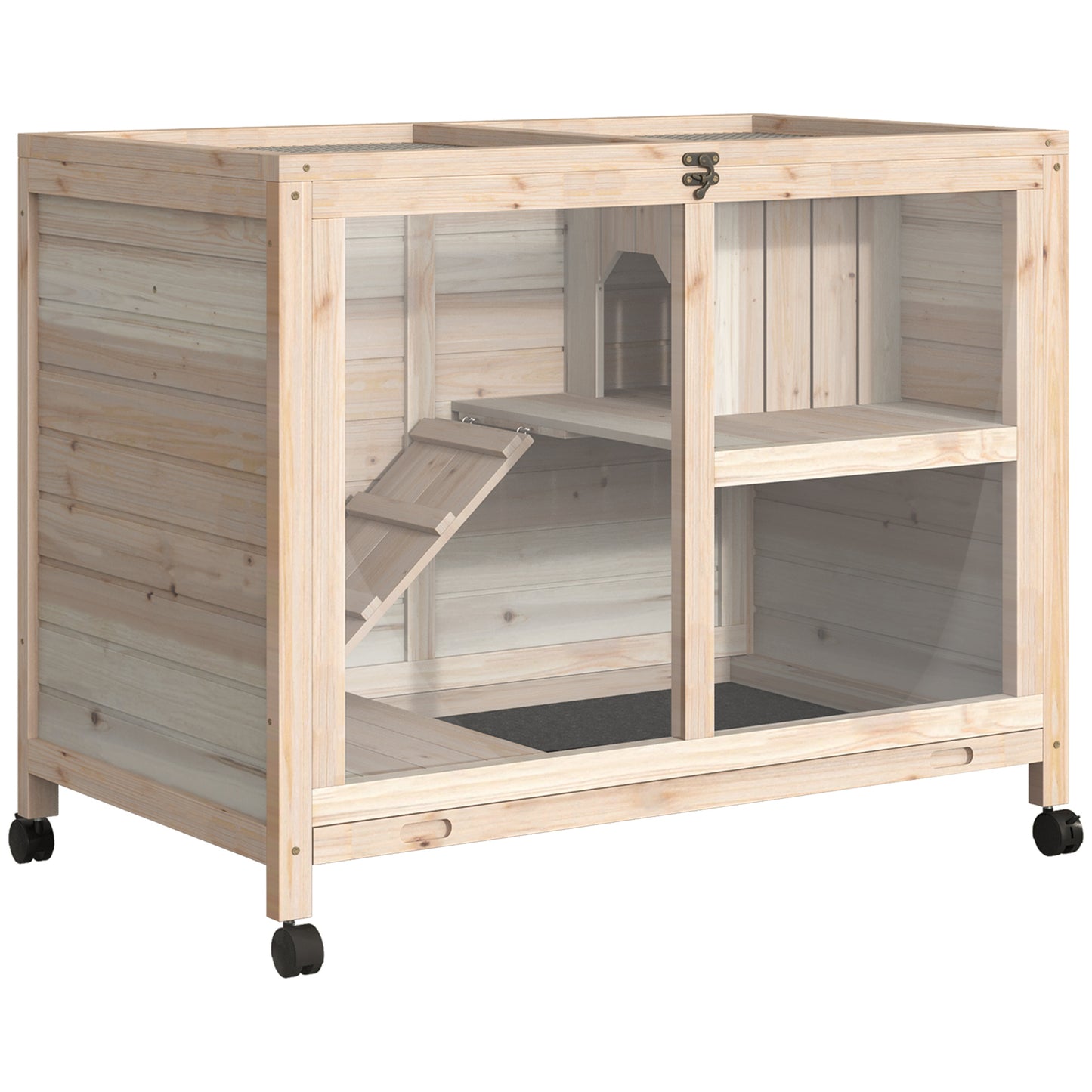 Wooden Rabbit Hutch with Wheels, Openable Roof, Waterproof Small Animal Cage