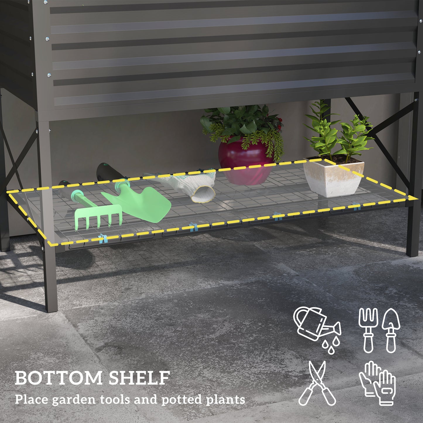 Galvanized Raised Garden Bed with Legs and Storage Shelf - Dark Gray, 1180x360x95mm
