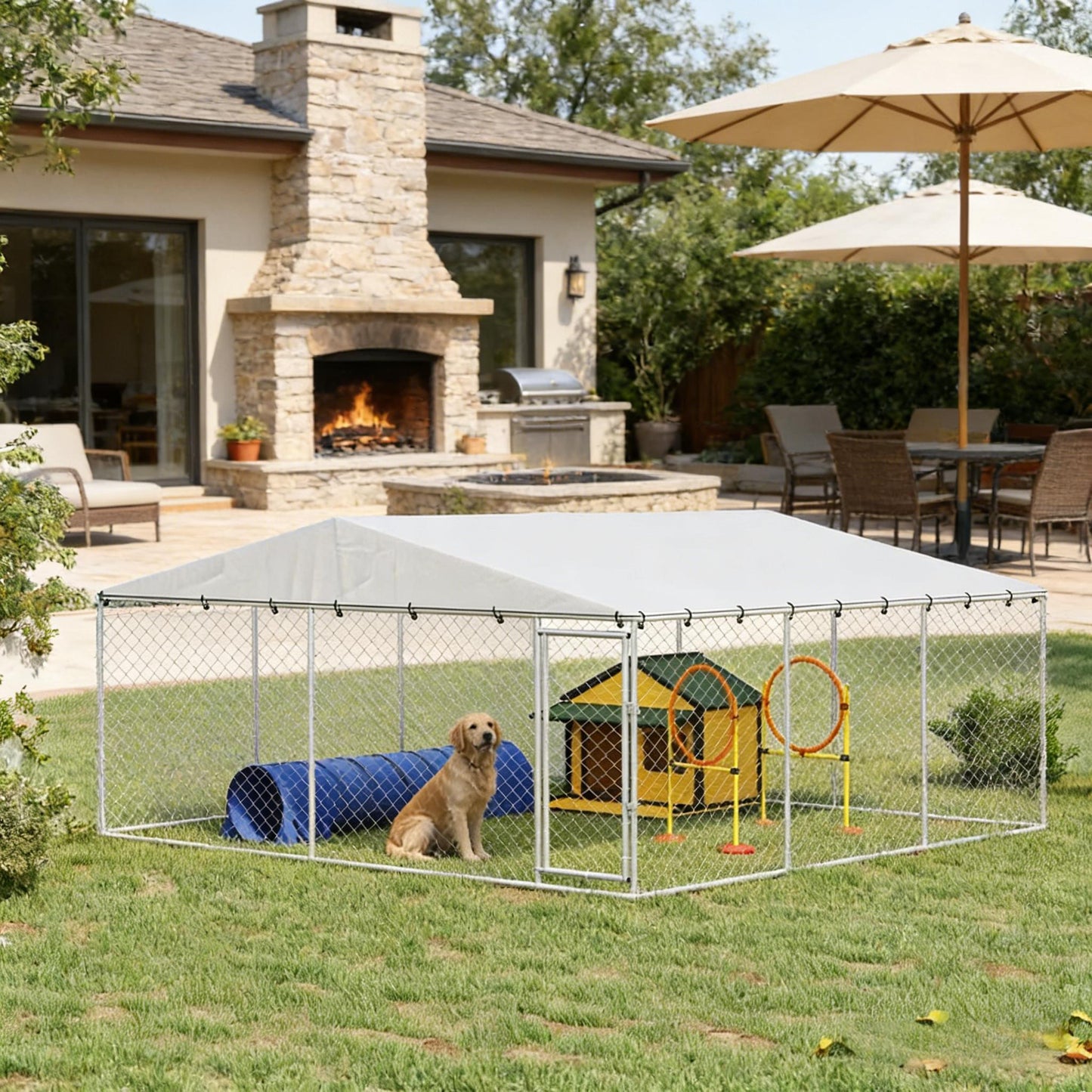 Large Outdoor Dog Kennel - Silver Heavy-Duty Chain Link