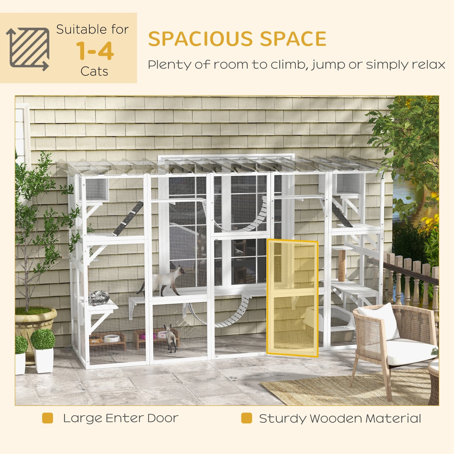 Large Outdoor Cat Enclosure with Condos & Bridges - White 118"