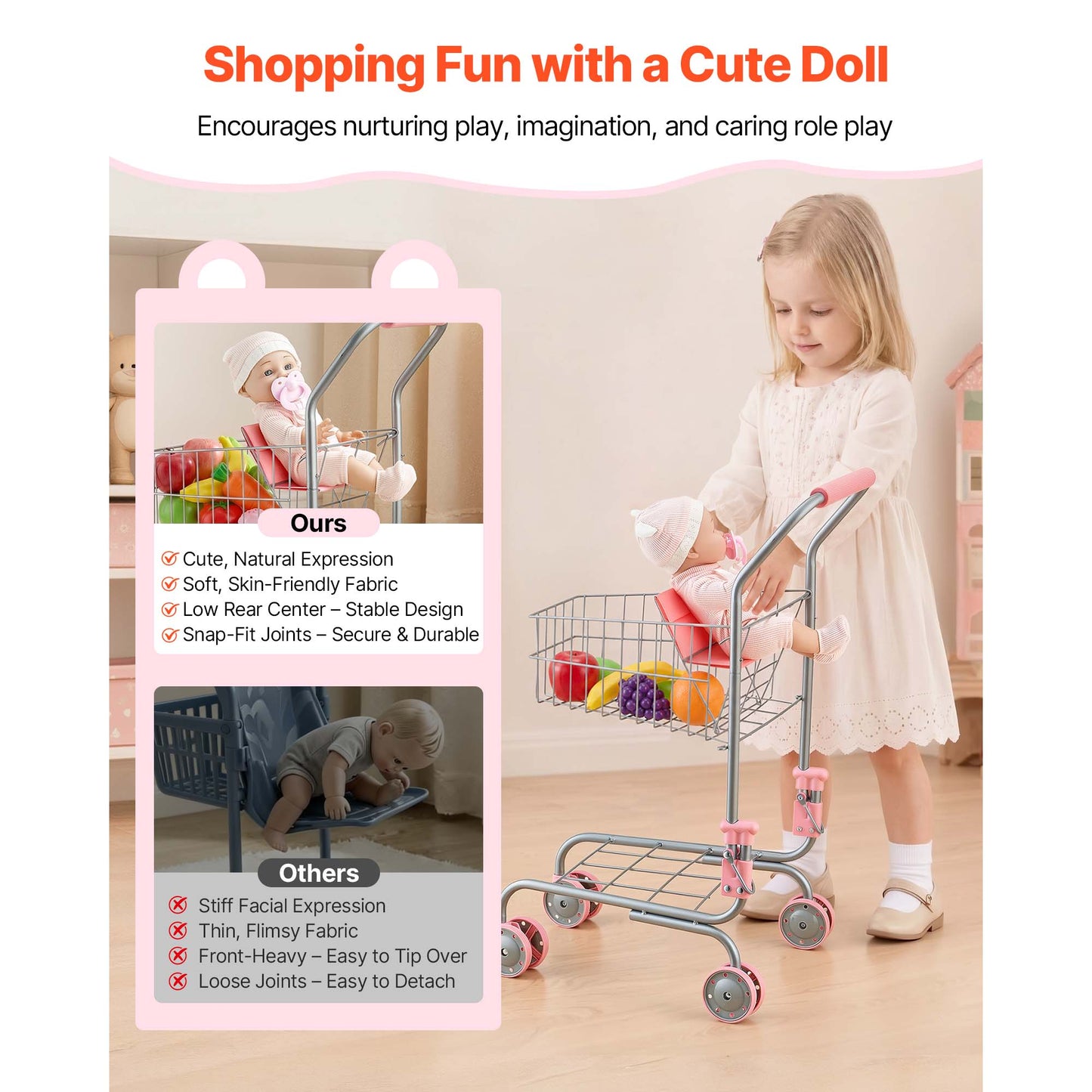 Kids Shopping Cart Toy with Rolling Wheels and Storage Basket - Pretend Play Grocery Trolley for Kids & Toddlers