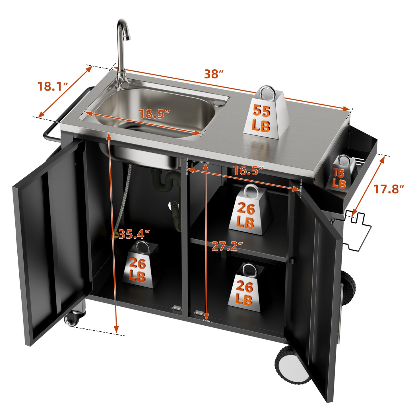 Outdoor Grill Cart with Sink - Stainless Steel Kitchen Station on Wheels