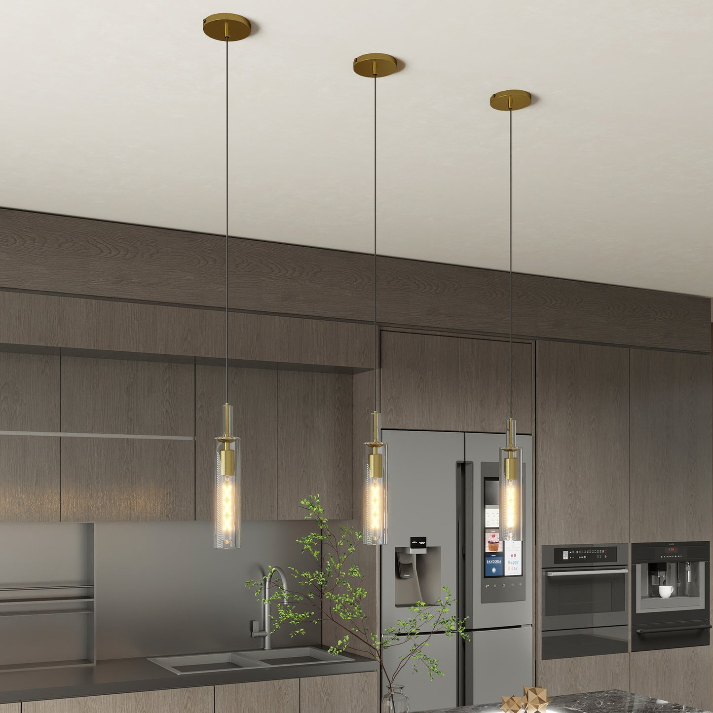 Gold Pendant Light Fixture Set - 3 Pack with Clear Glass Shade