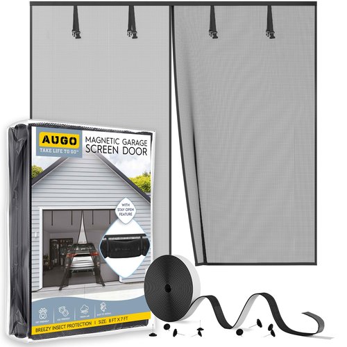 AUGO Garage Door Screen Magnetic Closure - Garage Screen Doors for 1 Car Garage Pull Down - Magnetic Screen Door Mesh - Heavy Duty Weighted Bottom- Pet & Kid Friendly - Keep Open Feature - 8' x 7'
