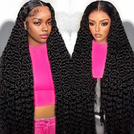 Hoyrhra 13x4 Deep Wave Lace Front Wigs Human Hair 200 Density HD Full Lace Frontal Wigs Pre Plucked Bleached Knots Curly Human Hair Wig 20 Inch Wigs for Black Women