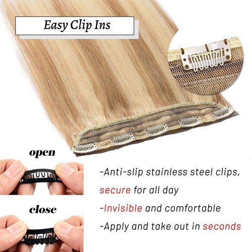 S-noilite One Piece Clip in Extensions Human Hair 5 Clips 3/4 Full Head Ash Blonde to Bleach Blonde Hair Extension for Women,One-Piece Design Clip on Hairpieces 18 Inch 90g