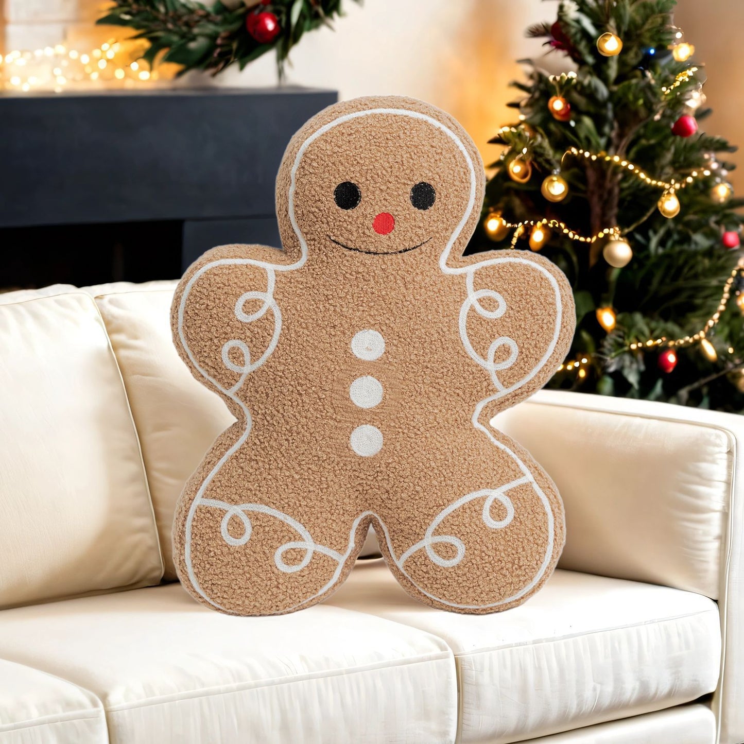 Christmas Gingerbread Man Throw Pillow - Plush Holiday Decor, 13x17 Inches