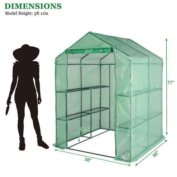 Garden Greenhouse with 8 Shelves, Green PE Cover & Black Iron Frame, 143x143x195cm