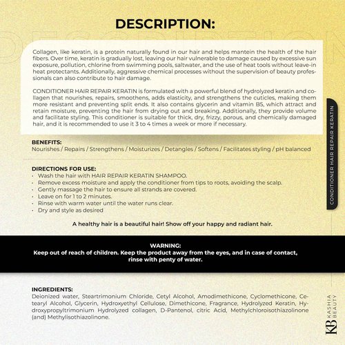 Kashia Beauty Keratin Hair Repair Conditioner 30.4 oz – Nourishing Conditioner with Hydrolyzed Keratin & Collagen – Softens Strengthens & Restores Elasticity – For Dry or Damaged Hair