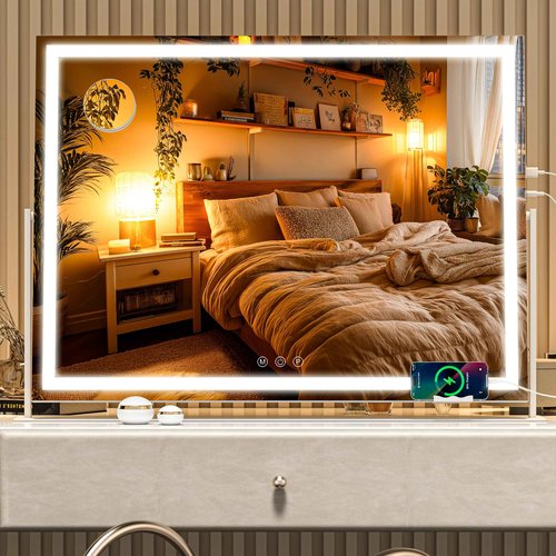 Batuso Vanity Mirror with Lights, 30'' x 22'' Lighted Makeup Mirror, Touch Screen with 3-Color Lighting, Dimmable for Vanity Desk Tabletop Square White