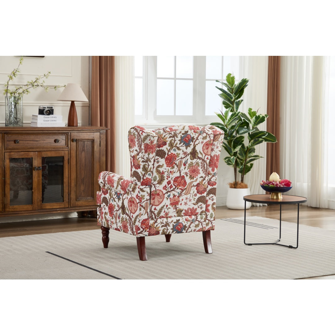 Floral Accent Chair with Retro Wood Legs - Bean Paste Red