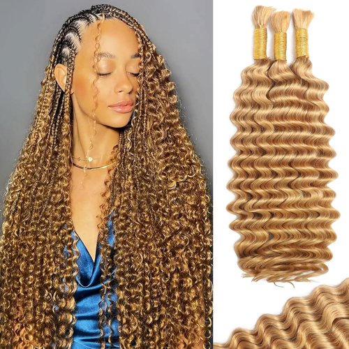 Human Braiding Hair for Boho Braids Human Hair 120g 24Inch Curly Boho Hair for Braiding Knotless 12A Deep Water Wave Boho Braids 3 Bundles/Pack Caramel Honey Blonde