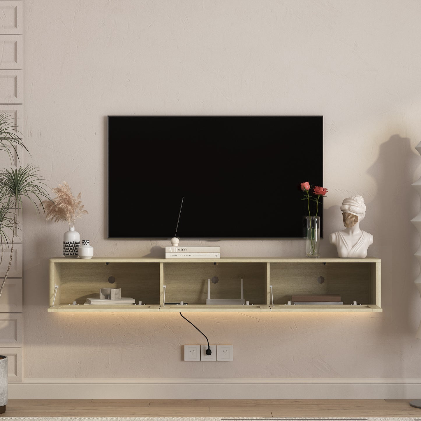 Floating TV Stand with LED Lights & Power Outlet - Wood