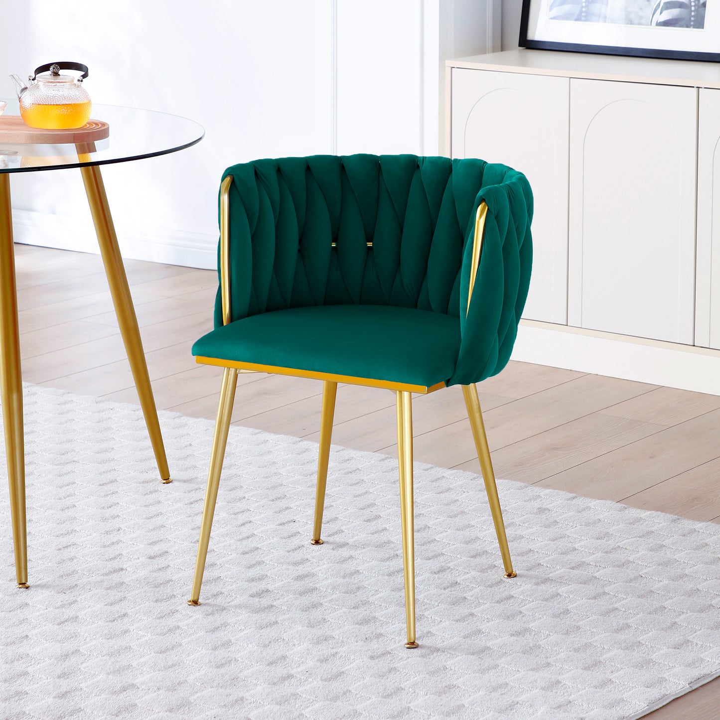 Green Velvet Dining Chairs Set of 2 with Gold Metal Legs