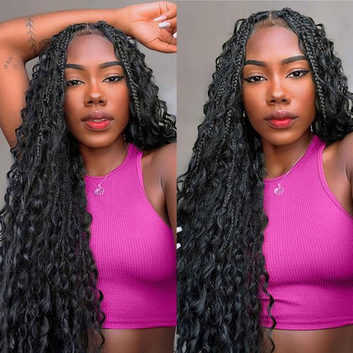 Suntefic Boho Box Braided Wigs for Black Women Glueless Double Full Lace Human Hair Blended Lightweight Hand Braid Wig with Baby Hair (2-Black, 28 In)