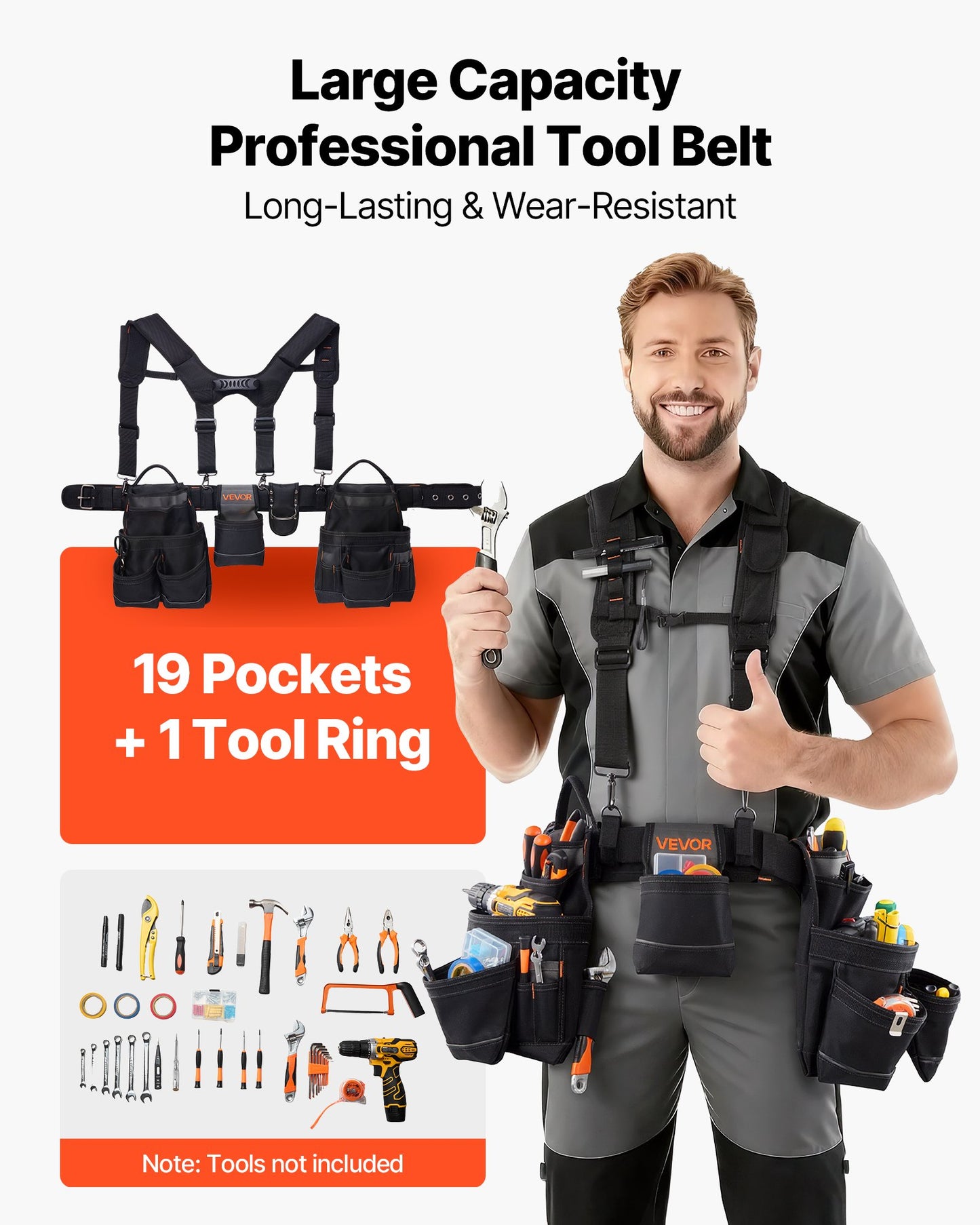 Heavy Duty Tool Belt with 19 Pockets for Construction & Carpentry - Adjustable Waist 31-51in