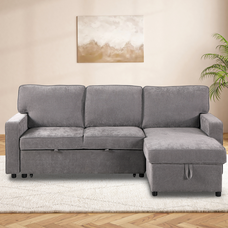Sectional Sofa Bed with Storage, USB Port & Cup Holders - Gray