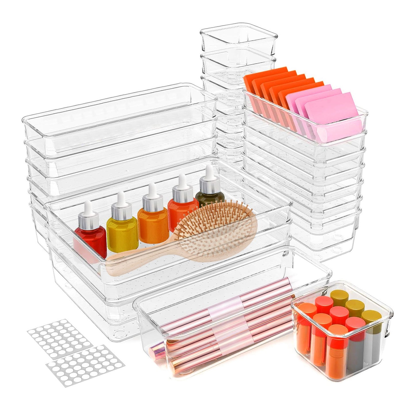 25Pcs Clear Plastic Drawer Organizers Set 4 Sizes Desk Dividers Trays