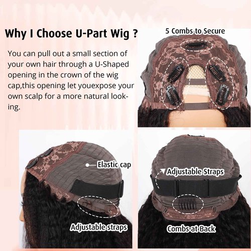 Orientfashion U Part Human Hair Kinky Straight 20inch 150% Density Full Head U Shape Clip in Wigs Half Wig Human Hair Wigs For Black Women U Part wigs (yaki straight 1B, 20inch)