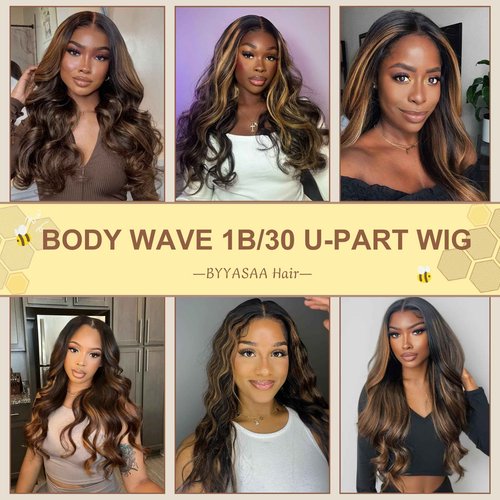 BYYASAA U Part Human Hair Wig Body Wave1B/30 U Part Wig Human Hair for Black Women Glueless Wigs Natural Hair Wig Beginner Friendly Middle Part 180% Density 20inch
