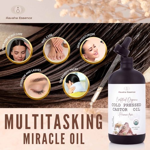 Aavaha Essence Organic Castor Oil – Cold-Pressed, Hexane-Free, 100% Pure & USDA Certified – Cold Pressed Oil for Hair, Skin, Eyelashes & Brows – 16 oz Glass Bottle with Dropper + Mini Glass Roll-On