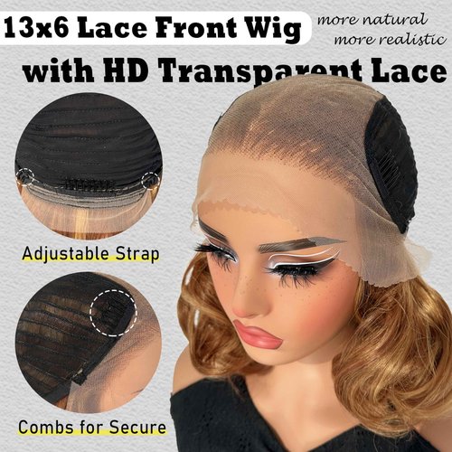 SOKU 13x6 Lace Front Bouncy Wavy Wig, Short Loose Wave Synthetic Wigs for Black Women 13x6 HD Lace Frontal 12 Inch Highlights Pre Plucked Glueless Wig Brown Mixed Blonde Color