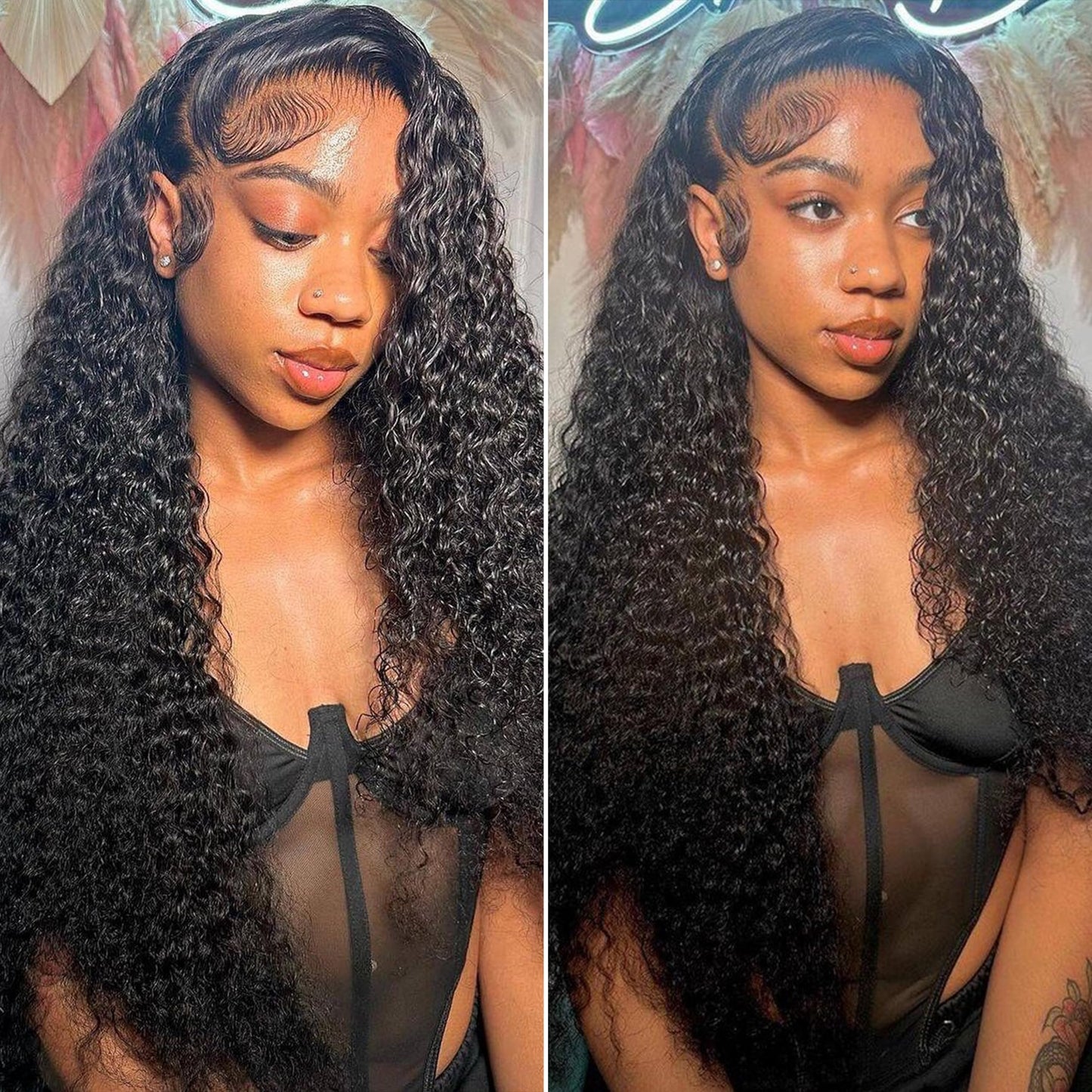 28 Inch 13x6 Deep Wave Lace Front Wigs Human Hair HD Transparent Deep Curly Lace Frontal Wigs Human Hair 180 Density Pre Plucked Glueless Wigs for Women Natural Color