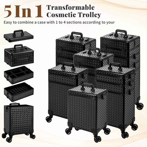 AROUS 5 in 1 Rolling Makeup Train Case Cosmetology Case on Wheels Large Cosmetic Organizer Travel Cart for Hairstylist Artist Nail Beauty Salon Barber,Black