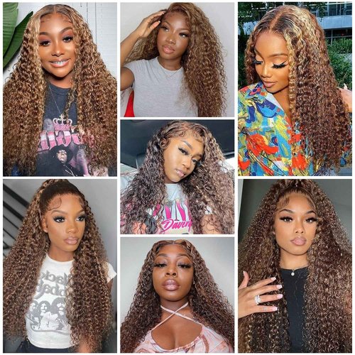 ZZMDS 26 Inch 13x6 Highlight Ombre Deep Wave Lace Front Wigs Human Hair Pre Plucked #4/27 Colored Glueless Wigs Water Wave Honey Blonde Curly Lace Frontal Wigs Human Hair for Women