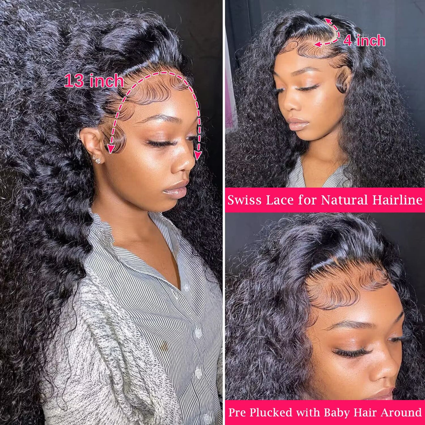 13x4 Deep Wave Lace Front Wigs Human Hair Pre Plucked Lace Frontal Deep Wave Lace Frontal Wigs for Black Women 180 Density Glueless Brazilian Front Lace Wigs (22inch)