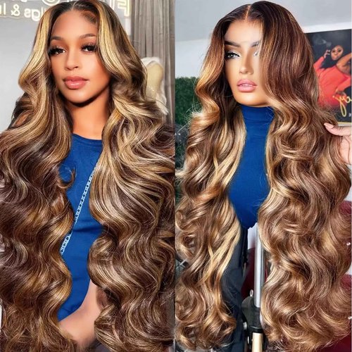 SFTNMEH Honey Blonde Ombre 13x6 Lace Front Wig Human Hair 210 Density Highlight Body Wave Lace Front Wigs Human Hair Pre Plucked Glueless Lace Frontal Wig for Women 4/27 Colored 22Inch