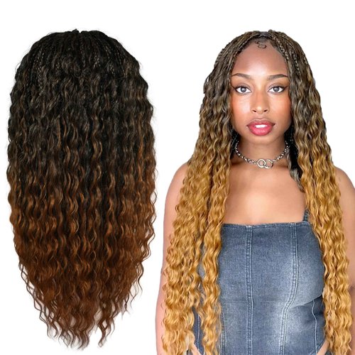 RAHELMO Single Full Lace Braid Wig – Micro Boho Peruvian Deep Wave Box Braided Wig, Knotless Braided Wigs for Black Women, Curly Hair Wig, with Natural Baby Hair (#1B27 Off Black and Light Brown, 24")