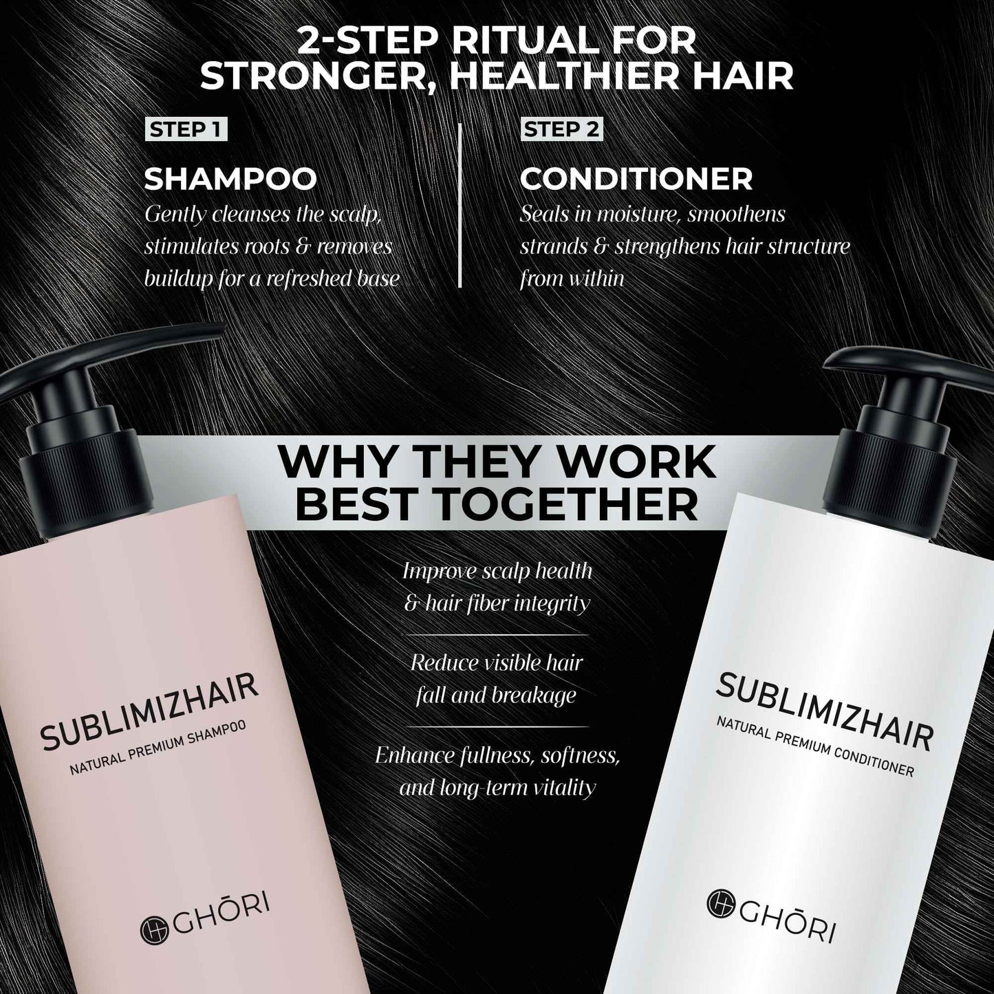 Ghori Sublimizhair Herbal Premium Shampoo & Conditioner for Silky Smooth Hair | Detangles, Strengthens Damaged Strands | Deep Hydration & Frizz Control, Nourishing | Sulphate-Free, 500ml/16.9 fl oz