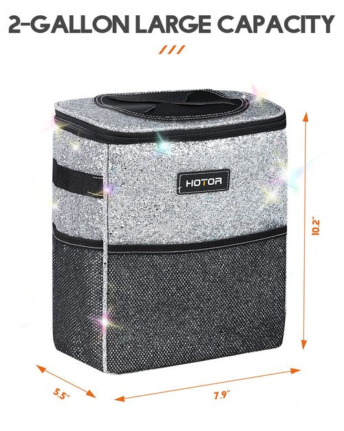HOTOR Car Trash Can with Lid and Storage Pockets - 100% Leak-Proof Organizer, Waterproof Garbage Can, Multipurpose Trash Bin for Car, 2 Gallons, Sparkle White