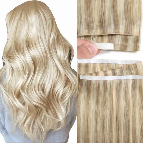 Loxxy Tape in Human Hair Extensions, One Piece Lustrous Sheen DIY Long Weft Tape in Hair Extensions Human Hair, Light Brown with Platinum Blonde, 22 Inch 60G Weft Width 31.5" (80cm)