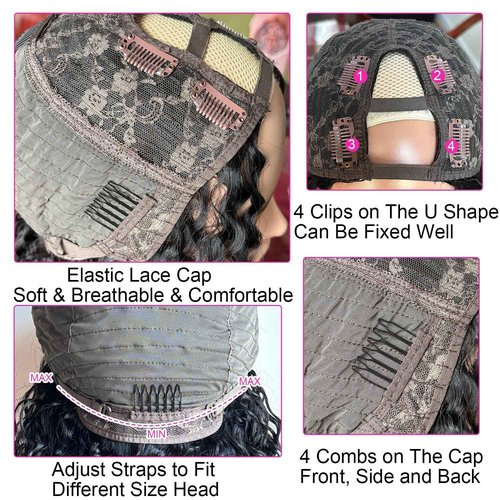 Yavida U Part Wig Human Hair Curly U Part Human Hair Wig 180% Density Unprocessed Virgin Human Hair U Part Wigs for Black Women Full Head Glueless Curly U Part Wig Human Hair Natural Black 26 Inch