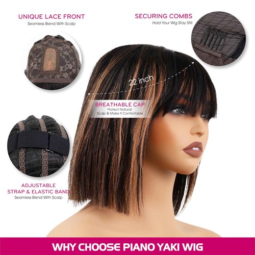 BIG G HAIR 10 inch Yaki Straight Bob Wig Vietnamese Human Hair Wig Pre-Bleached, Wear and Go Lace Bob Wig Human Hair 180% Density Piano Brown, Glueless Wig Human Hair with Blunt Bangs