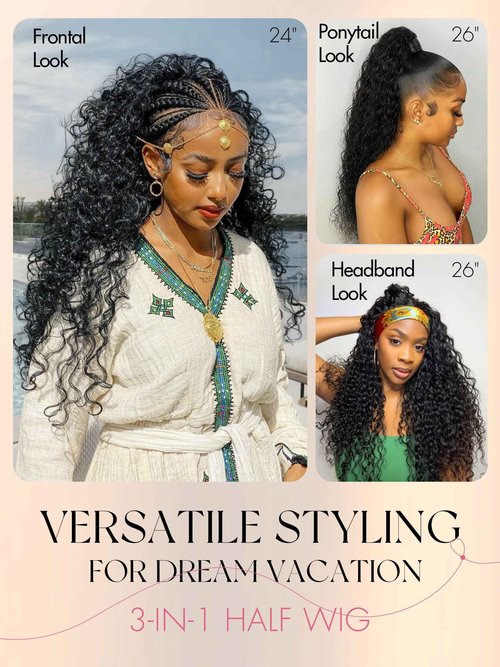 LUVME HAIR Half Wig Human Hair Water Wave Flexi-Fit Invisi Flip Drawstring Wig 200% Density Glueless Wigs 100% Human Hair Natural Black Ready to Go Headband Wig for Women