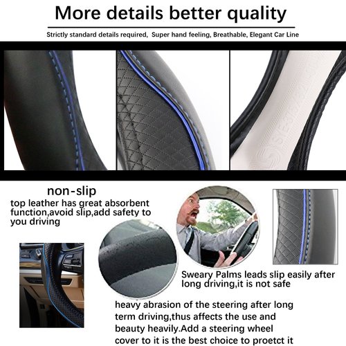 Car Steering Wheel Cover, Anti-Slip, Safety, Soft, Breathable, Heavy Duty, Thick, Full Surround, Sports Style (Black Blue)