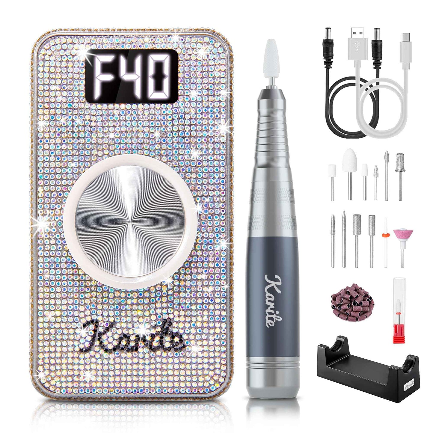 Karite Professional Nail Drill - 4000mAh Battery, 40000 RPM, Upgraded Motor with Low Vibration and Noise, Adjustable Speed and Direction - Perfect Electric Nail Drill for Salons and at-Home Use