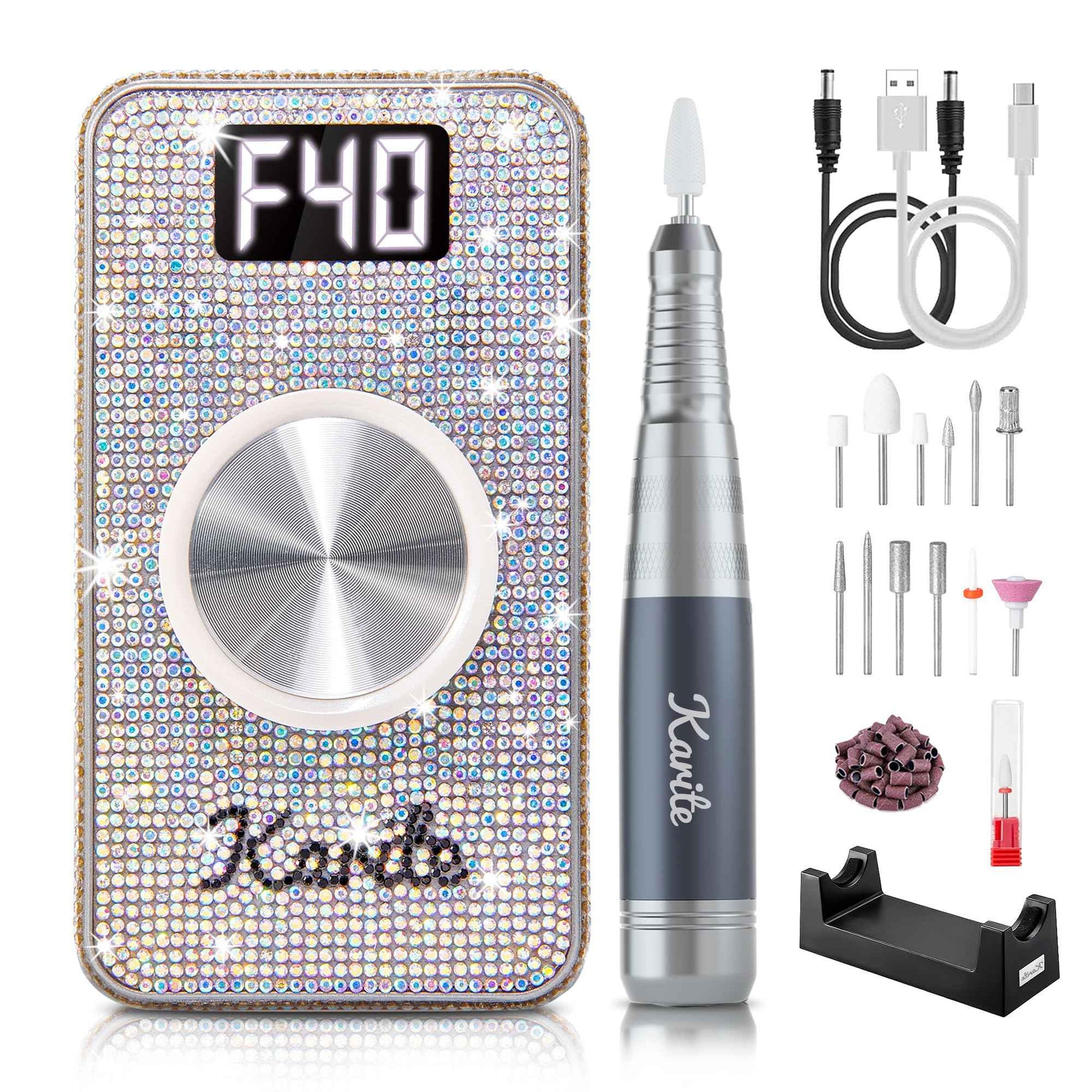 Karite Professional Nail Drill - 4000mAh Battery, 40000 RPM, Upgraded Motor with Low Vibration and Noise, Adjustable Speed and Direction - Perfect Electric Nail Drill for Salons and at-Home Use